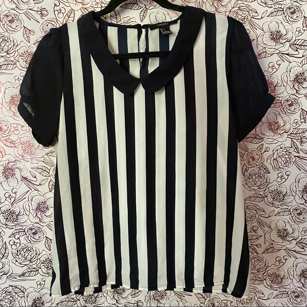 Forever 21 Navy Blue Striped Collared Blouse